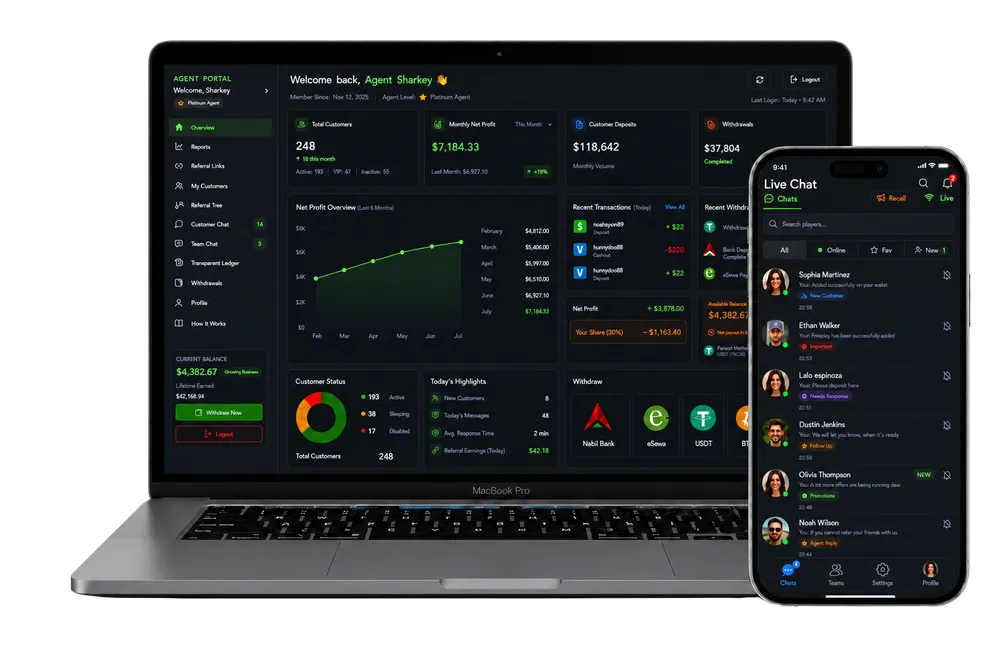 SO Agent partner portal dashboard on a laptop with live chat on a phone