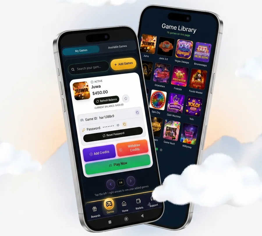 Two mobile phones showing the SO Agent customer game dashboard and game library
