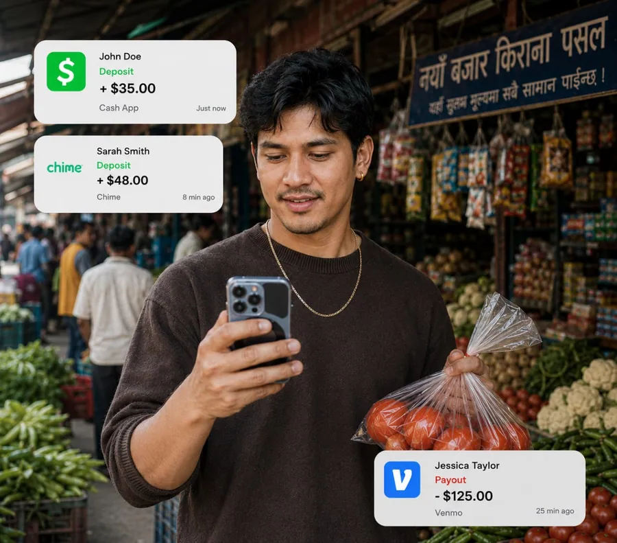 Partner checking deposit and payout notifications at a local market