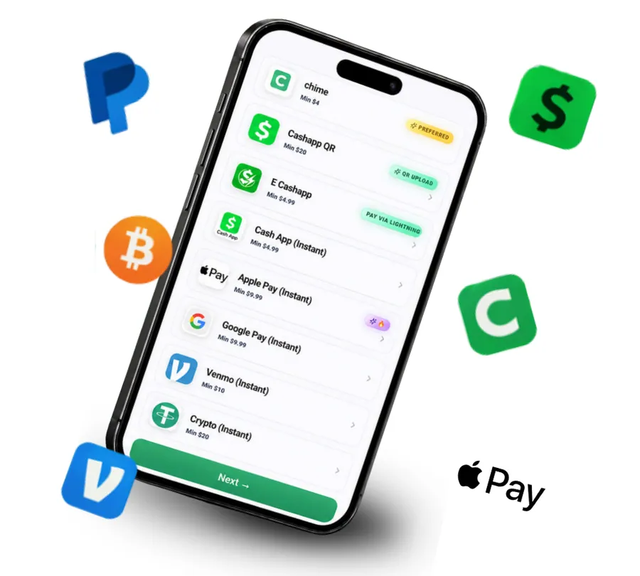 Mobile payment screen showing familiar cash, card, wallet, and cryptocurrency payment options