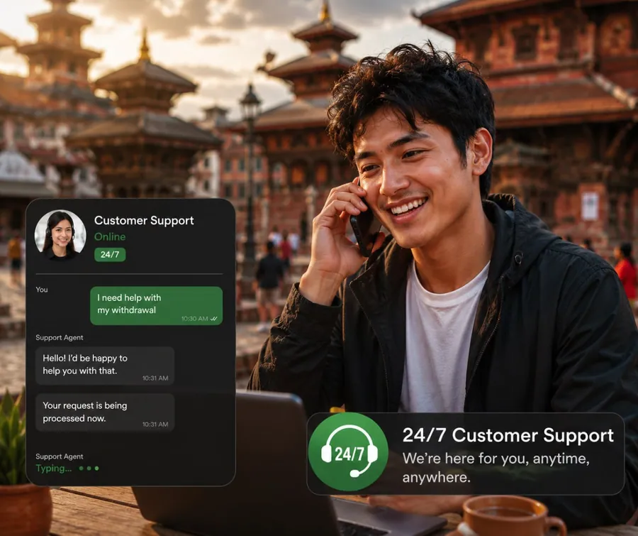 SO Agent partner speaking with 24/7 customer support while working from Kathmandu