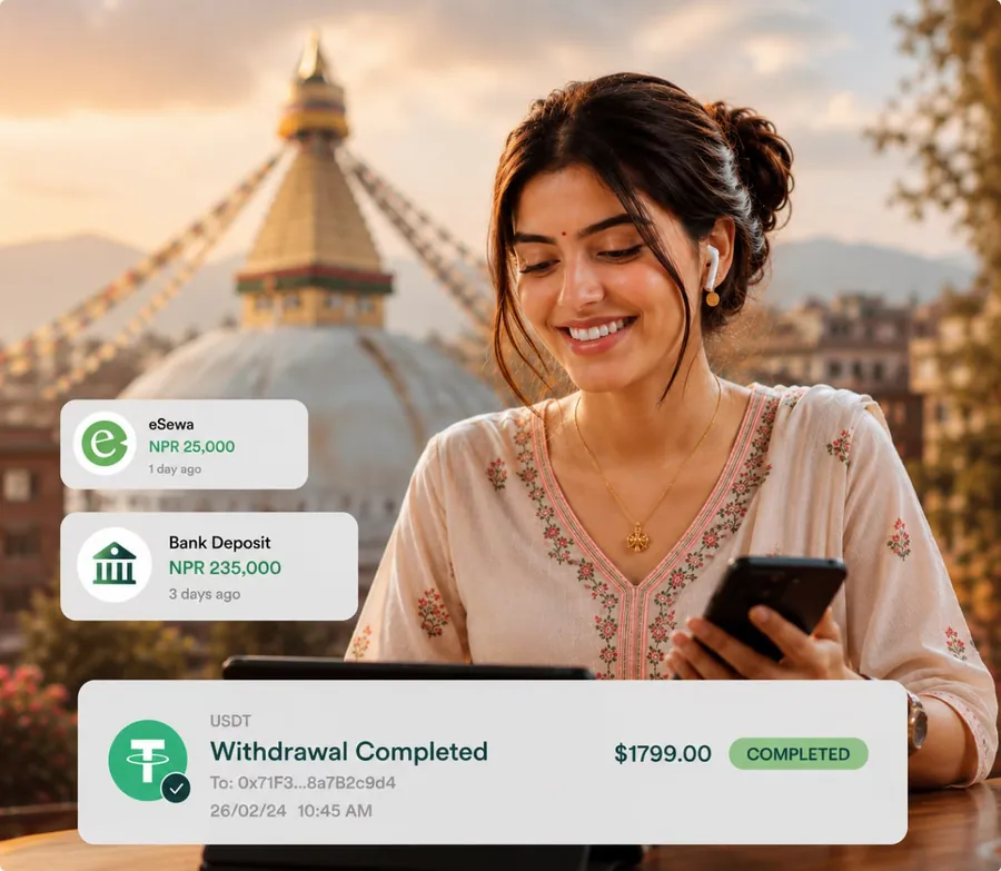 Partner receiving deposits and completing a withdrawal from her phone in Kathmandu