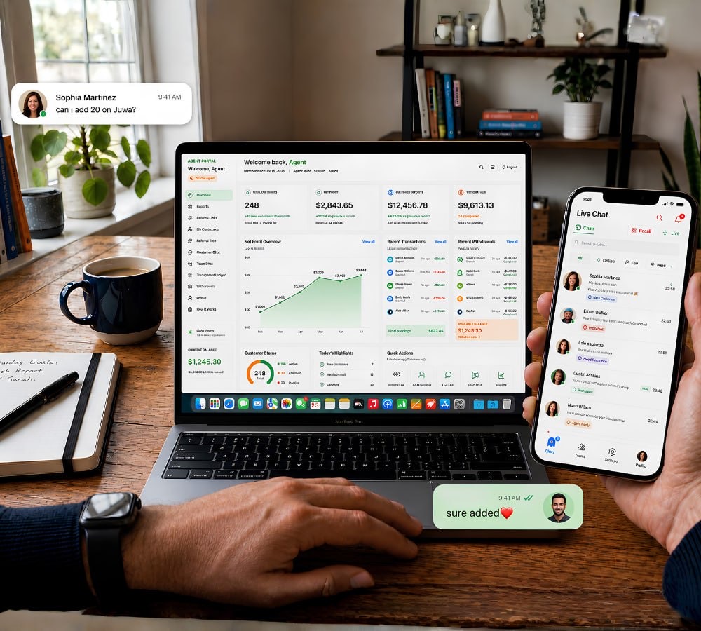 SO Agent dashboard and live customer chat shown on a laptop and phone